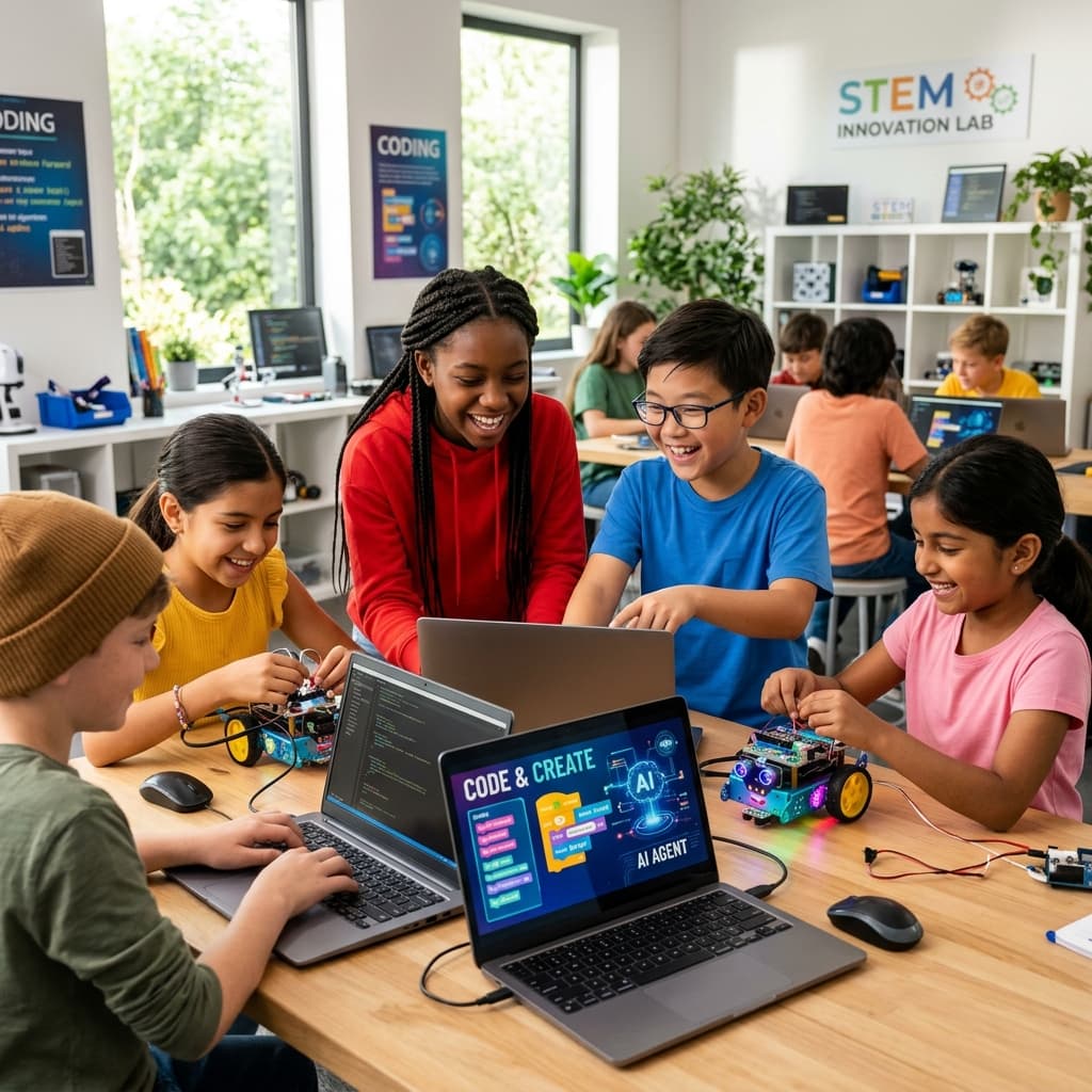 Happy children learning coding and AI in modern classroom
